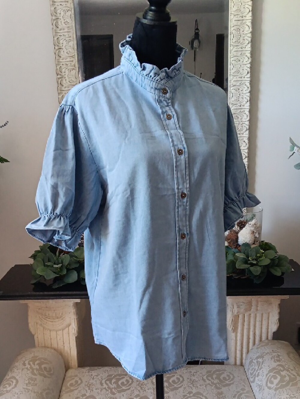 Light Blue Ruffle Collar Button-Up Shirt - Picture 3 of 9